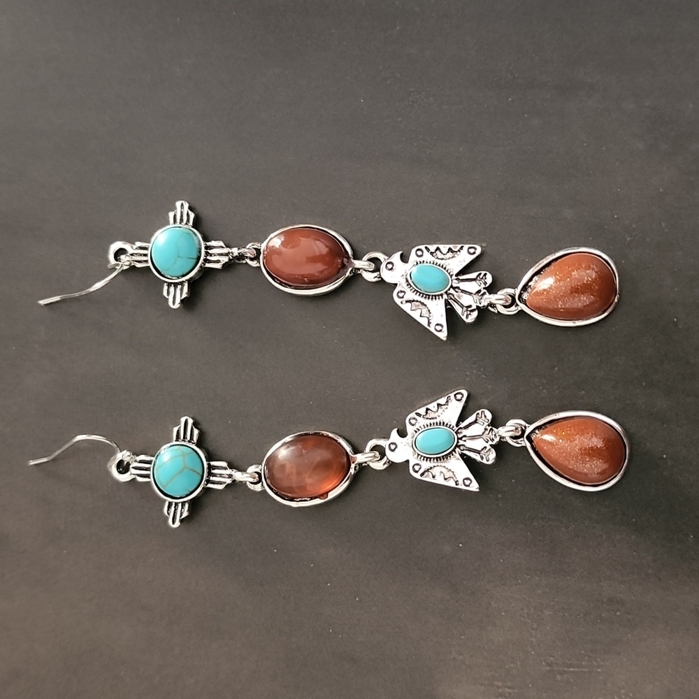 VINTAGE Turquoise Totem Dangle Earrings Boho Tribal Inspired Copper Goldstone - Picture 6 of 13